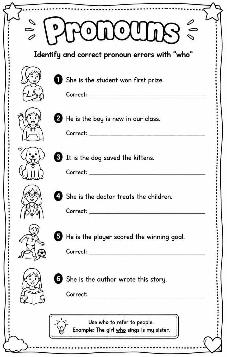 Identify and correct pronoun errors with "who" — free printable Grammar and mechanics English worksheet