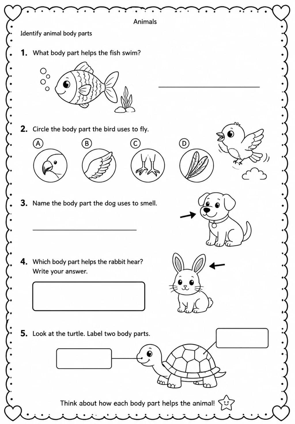 Identify animal body parts — free printable Grade 1 Science worksheet