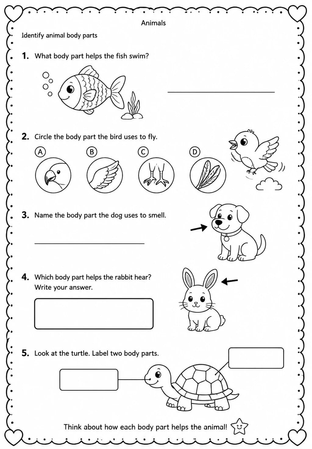 Identify animal body parts — free printable Grade 1 Science worksheet