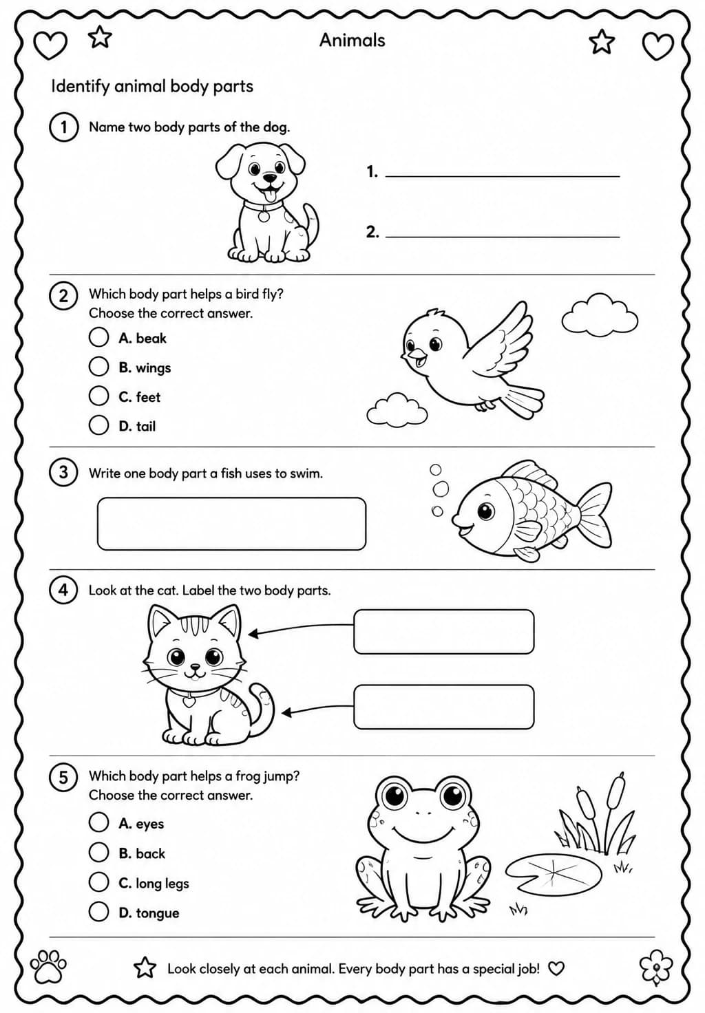 Identify animal body parts — free printable Grade 2 Science worksheet