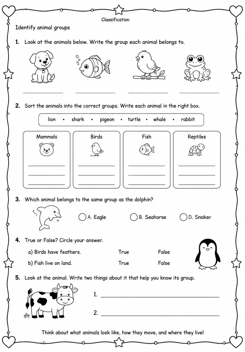 Identify animal groups — free printable Grade 2 Science worksheet