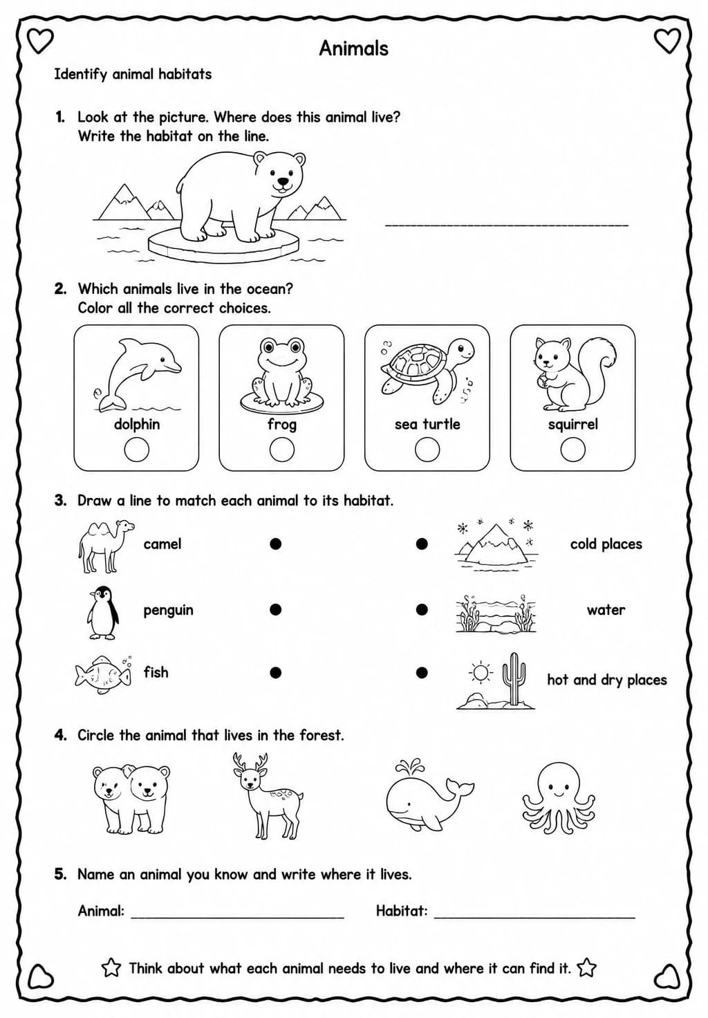 Identify animal habitats — free printable Grade 2 Science worksheet