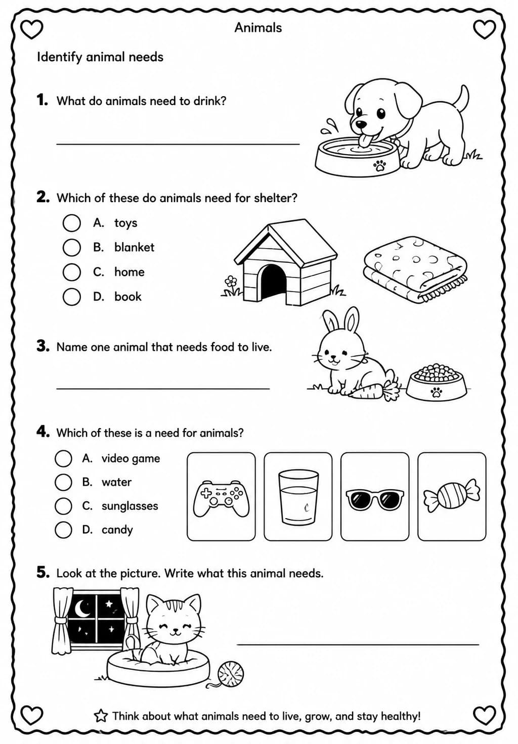 Identify animal needs — free printable Grade 1 Science worksheet
