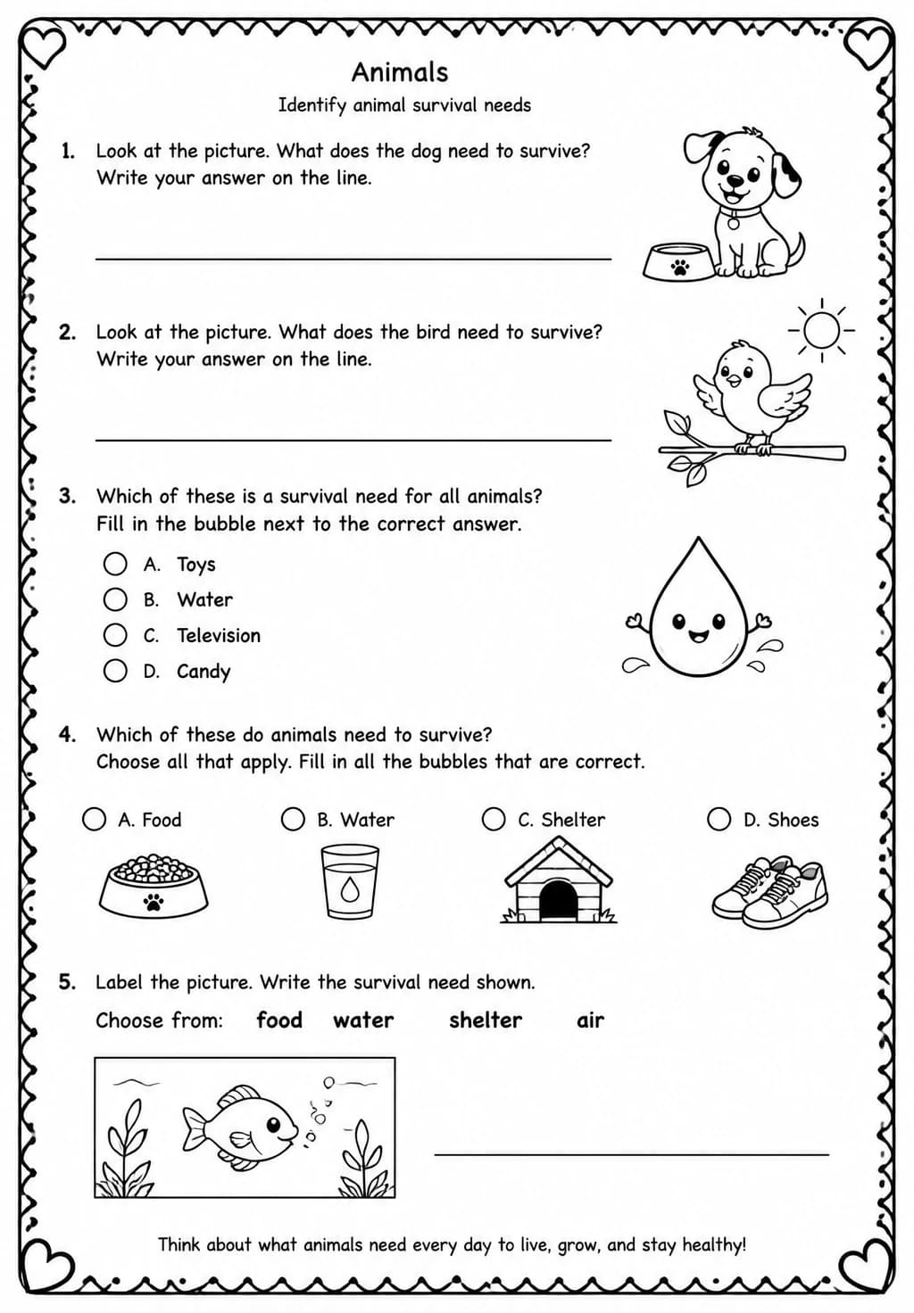 Identify animal survival needs — free printable Grade 2 Science worksheet