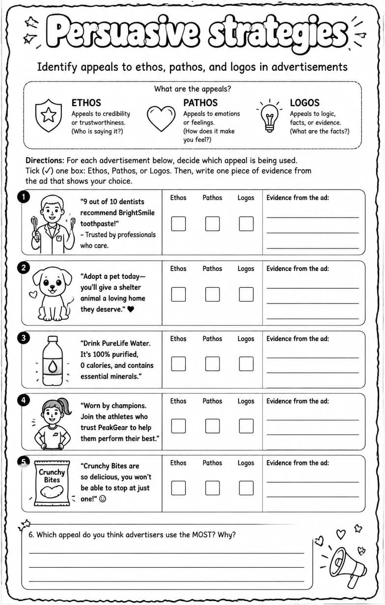 Identify appeals to ethos, pathos, and logos in advertisements — free printable Writing strategies English worksheet