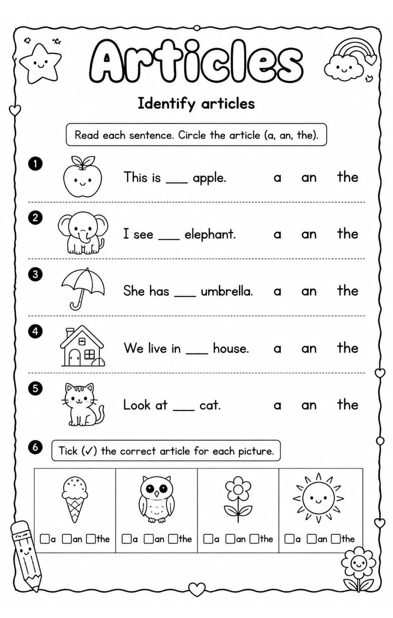 Identify articles — free printable Grade 1 English & Reading worksheet