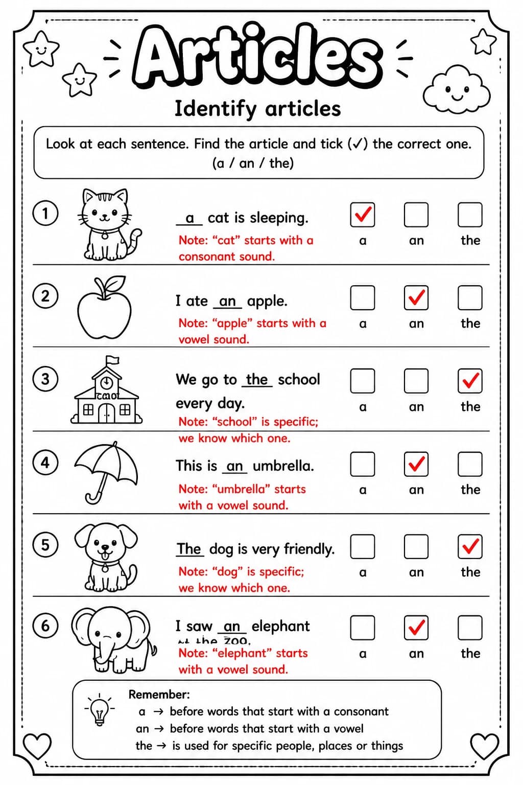 Answer key for Identify articles — free printable English & Reading worksheet