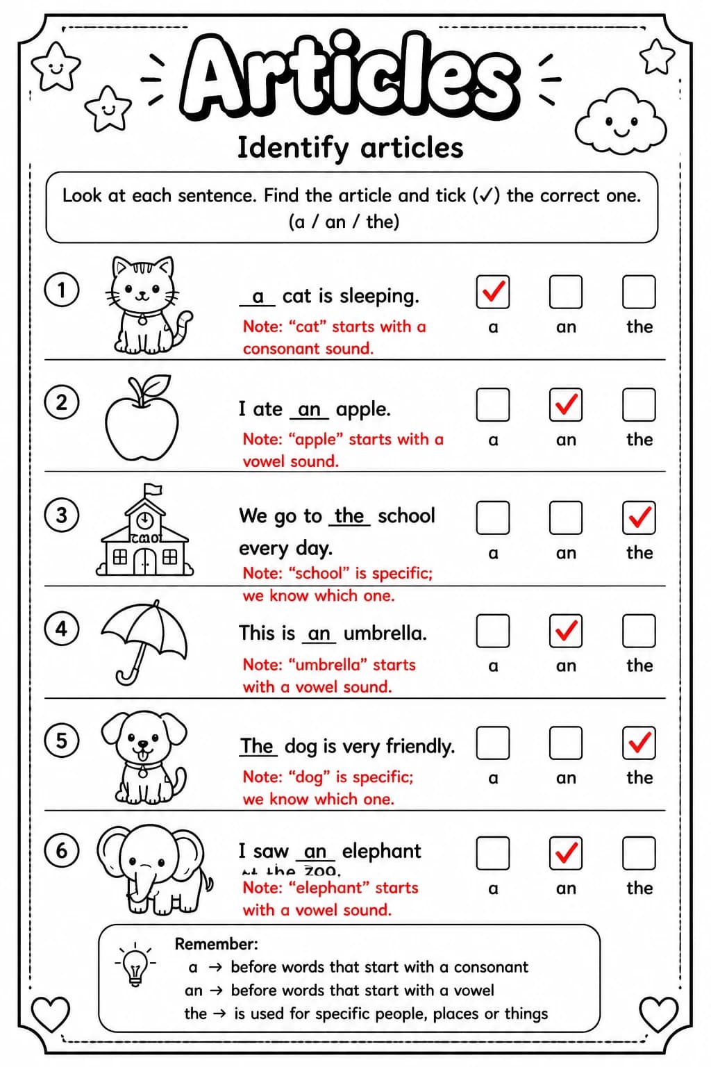 Answer key for Identify articles — free printable English & Reading worksheet