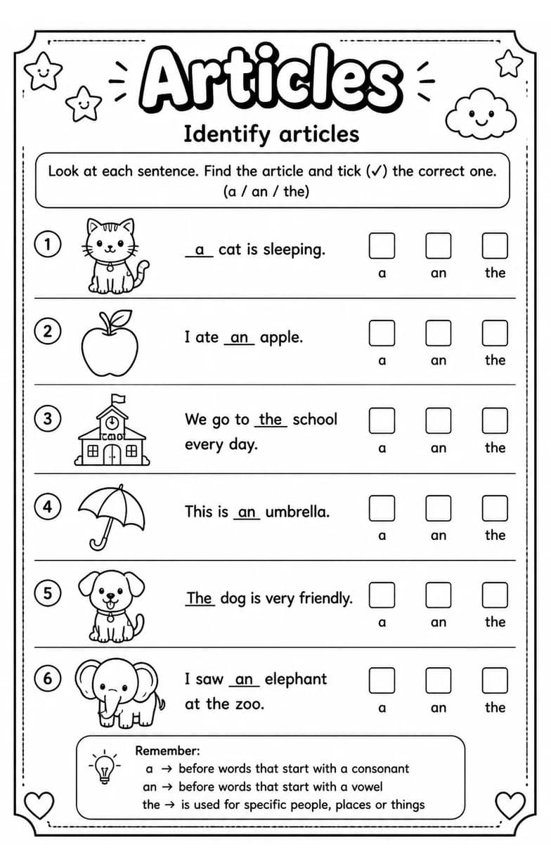 Identify articles — free printable Grammar and mechanics English worksheet