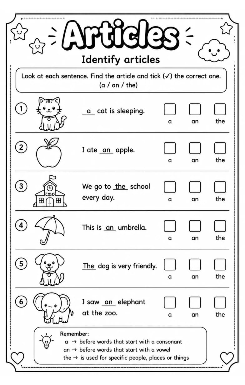 Identify articles — free printable Grade 2 English & Reading worksheet