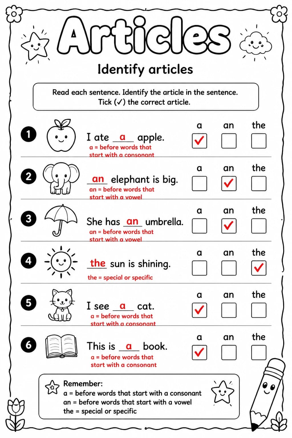 Answer key for Identify articles — free printable English & Reading worksheet