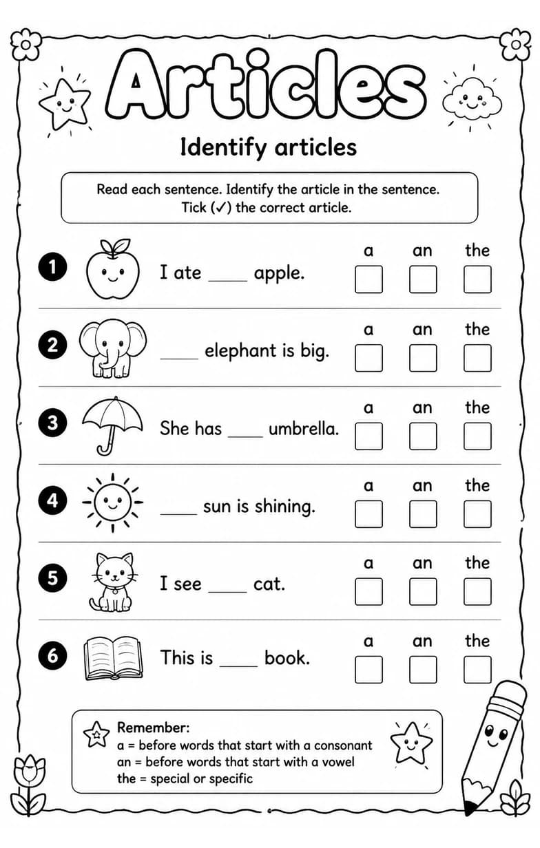 Identify articles — free printable Grade 3 English & Reading worksheet