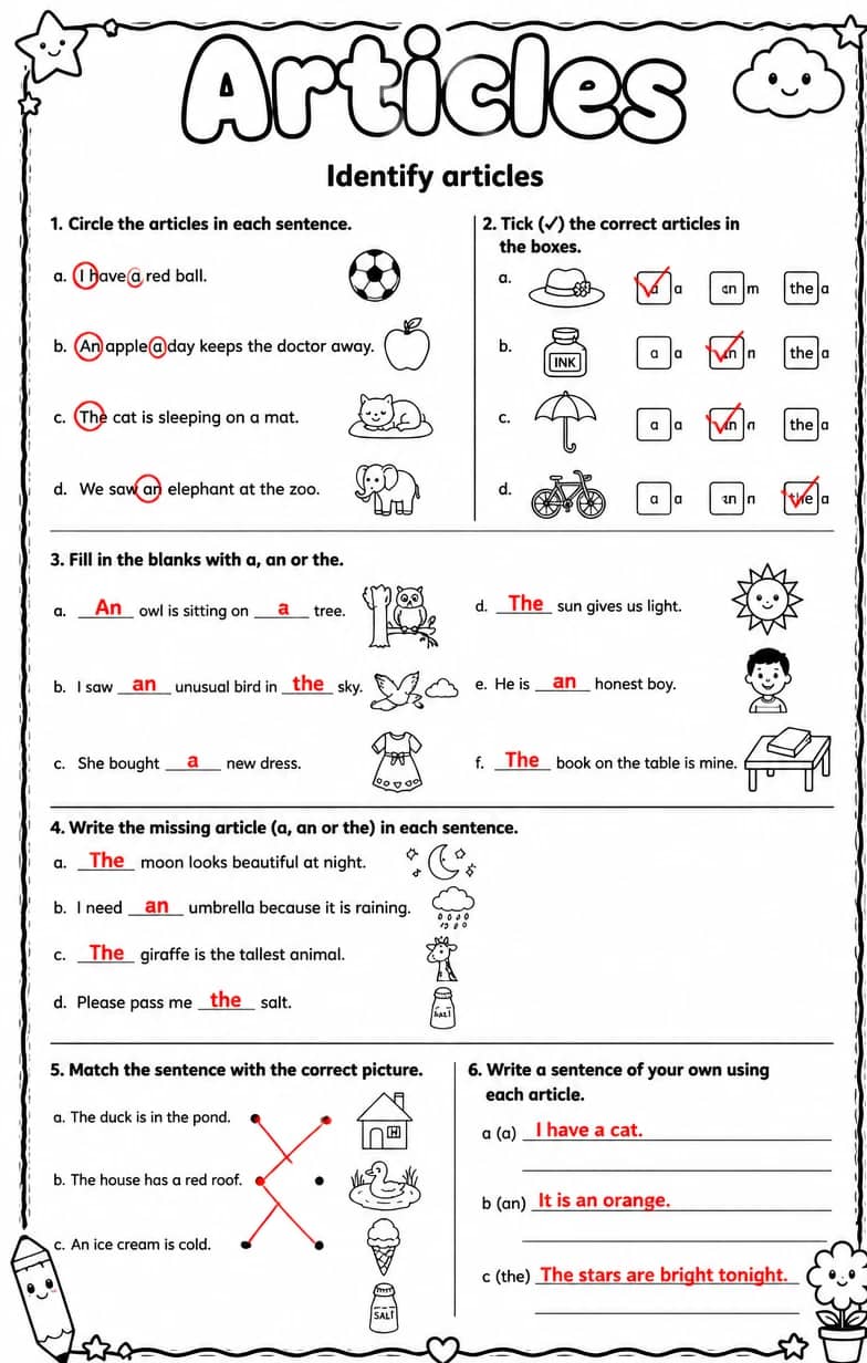 Answer key for Identify articles — free printable English & Reading worksheet
