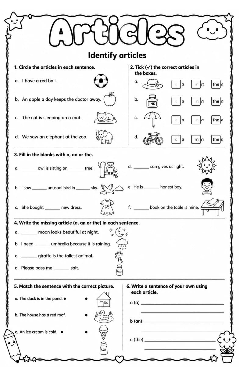 Identify articles — free printable Grade 4 English & Reading worksheet