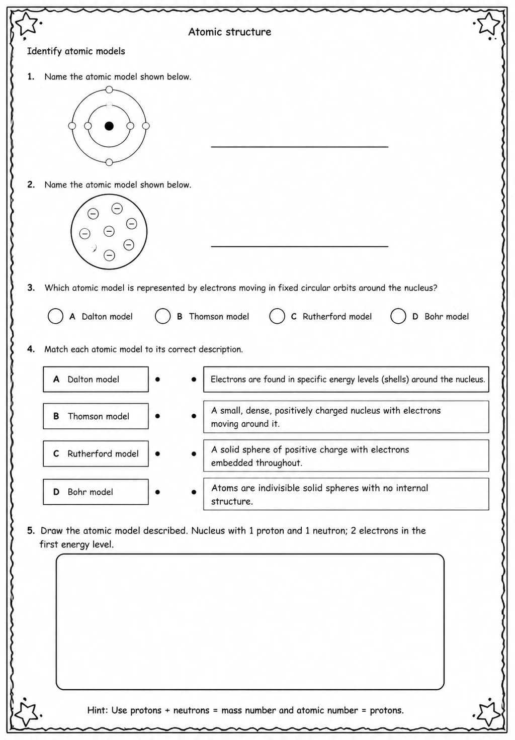 Identify atomic models — free printable High School Science worksheet