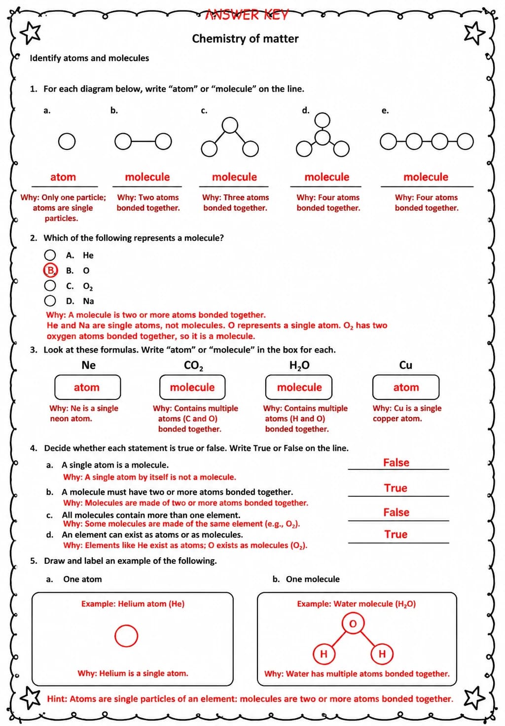 Answer key for Identify atoms and molecules — free printable Science worksheet