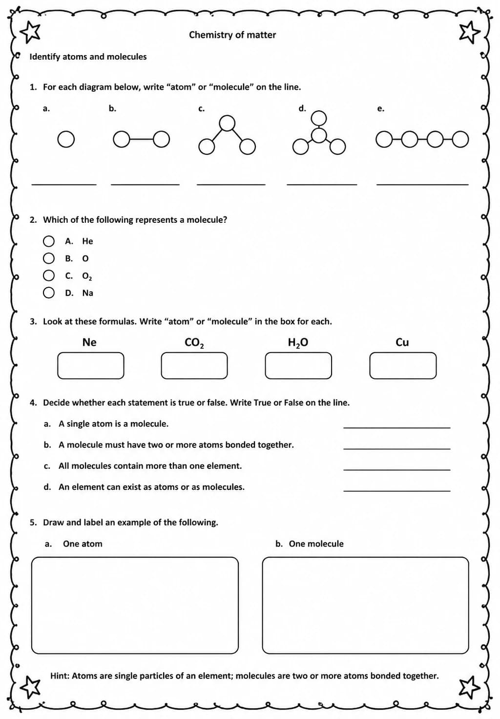 Identify atoms and molecules — free printable Middle School Science worksheet