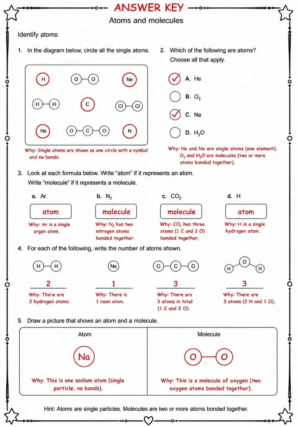 Answer key for Identify atoms — free printable Science worksheet