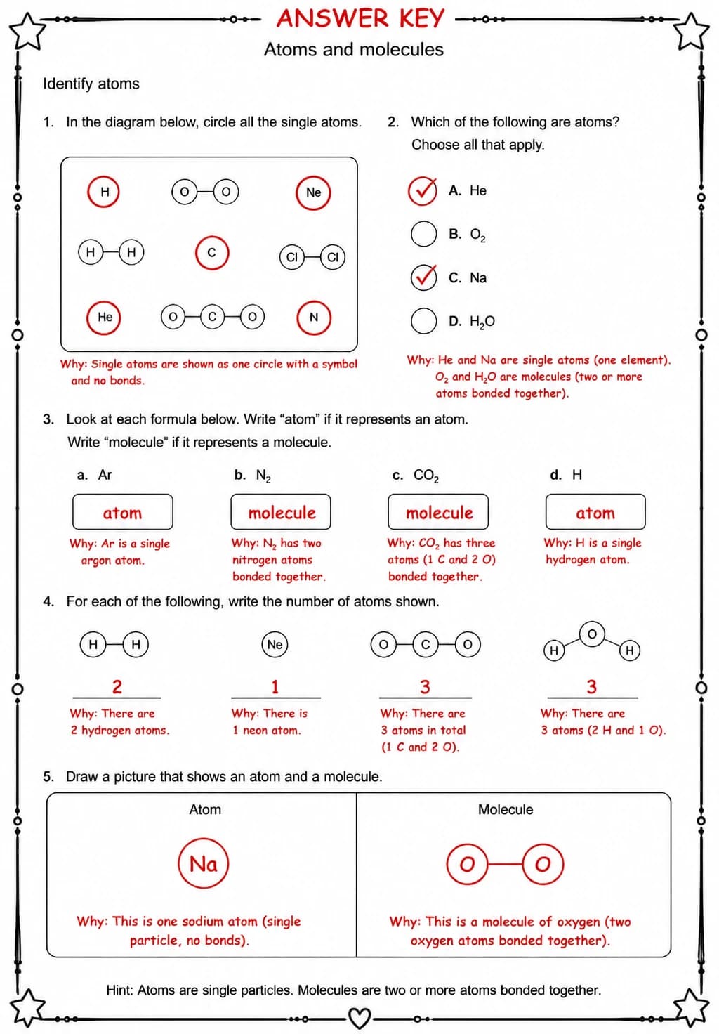 Answer key for Identify atoms — free printable Science worksheet
