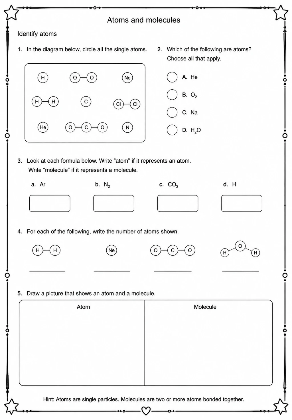 Identify atoms — free printable Middle School Science worksheet