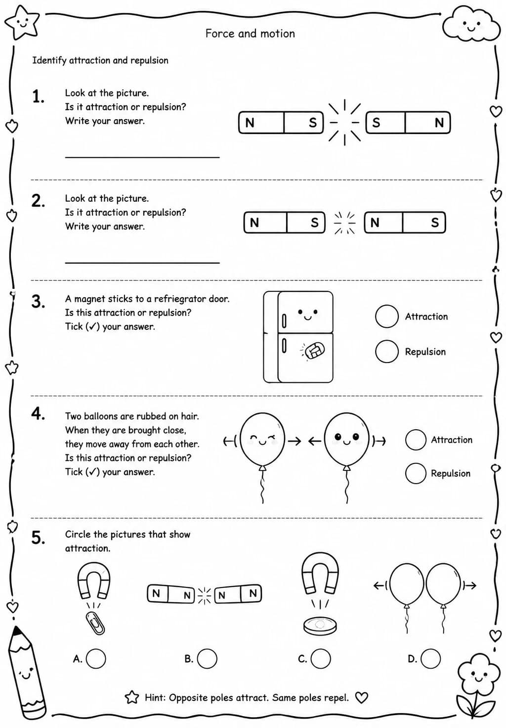 Identify attraction and repulsion — free printable Grade 1 Science worksheet