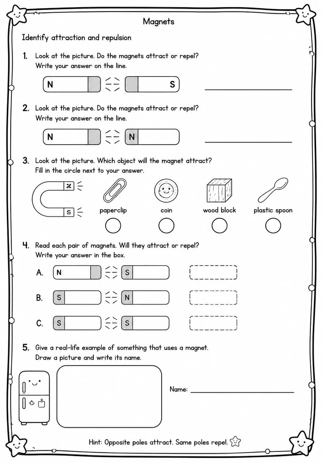 Identify attraction and repulsion — free printable Grade 2 Science worksheet