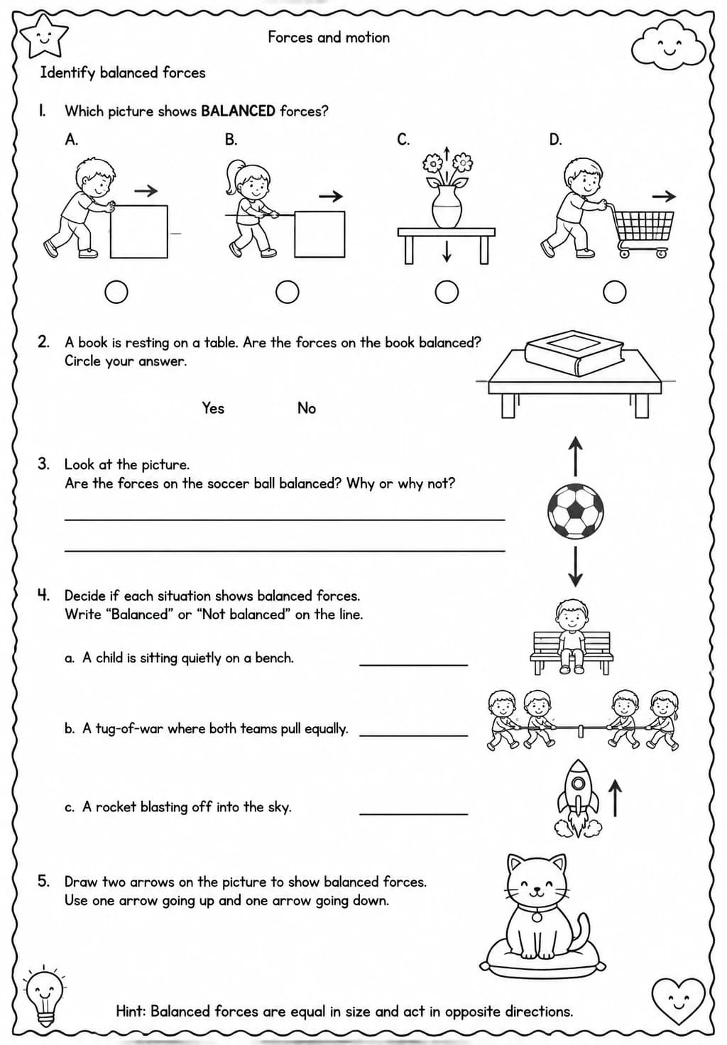 Identify balanced forces — free printable Grade 3 Science worksheet
