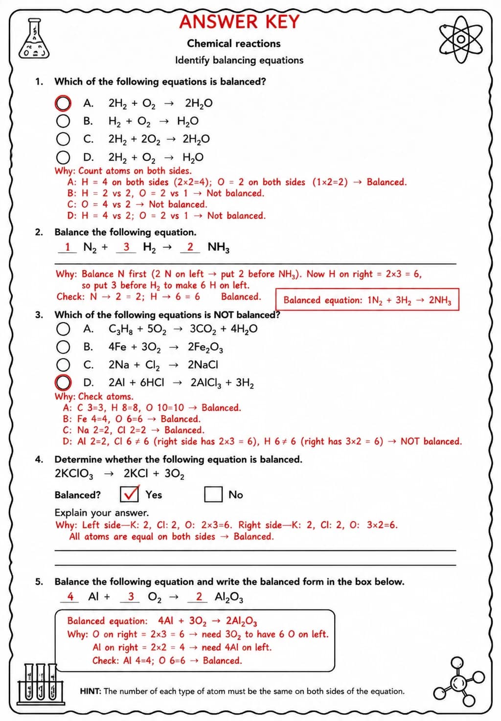 Answer key for Identify balancing equations — free printable Science worksheet