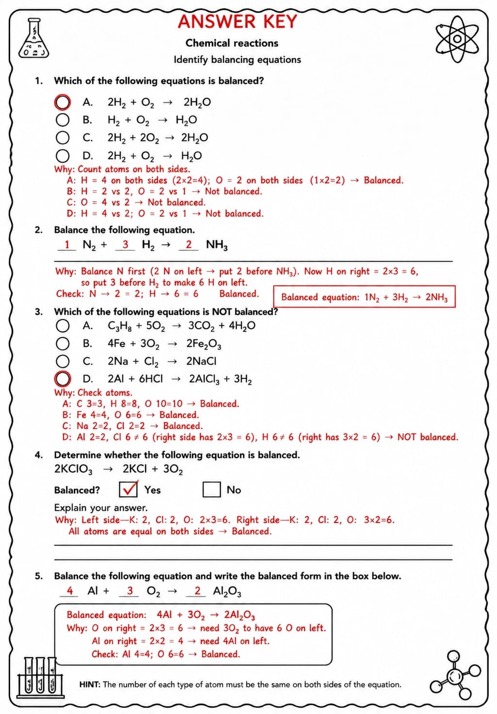 Answer key for Identify balancing equations — free printable Science worksheet