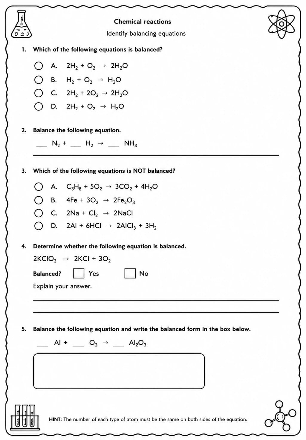 Identify balancing equations — free printable High School Science worksheet
