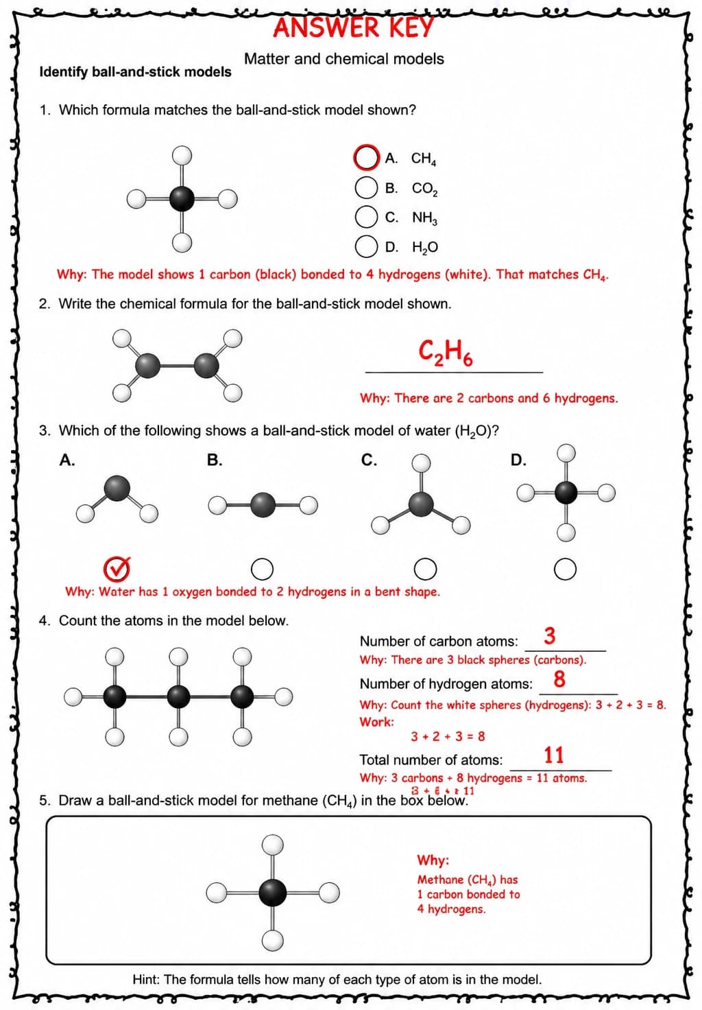 Answer key for Identify ball-and-stick models — free printable Science worksheet