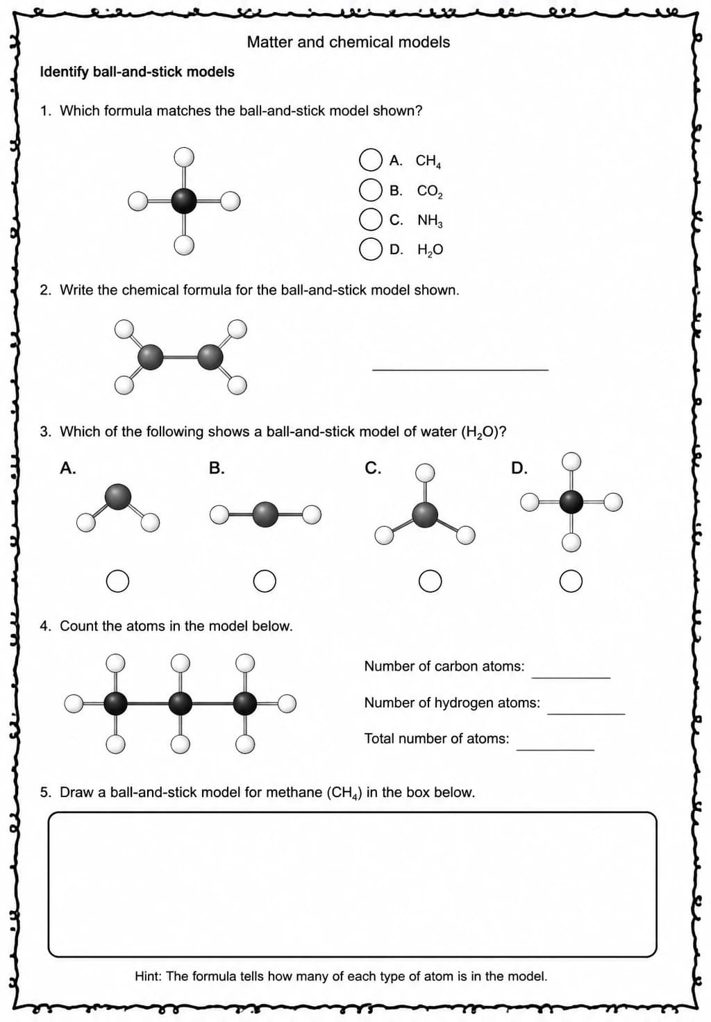 Identify ball-and-stick models — free printable Grade 5 Science worksheet