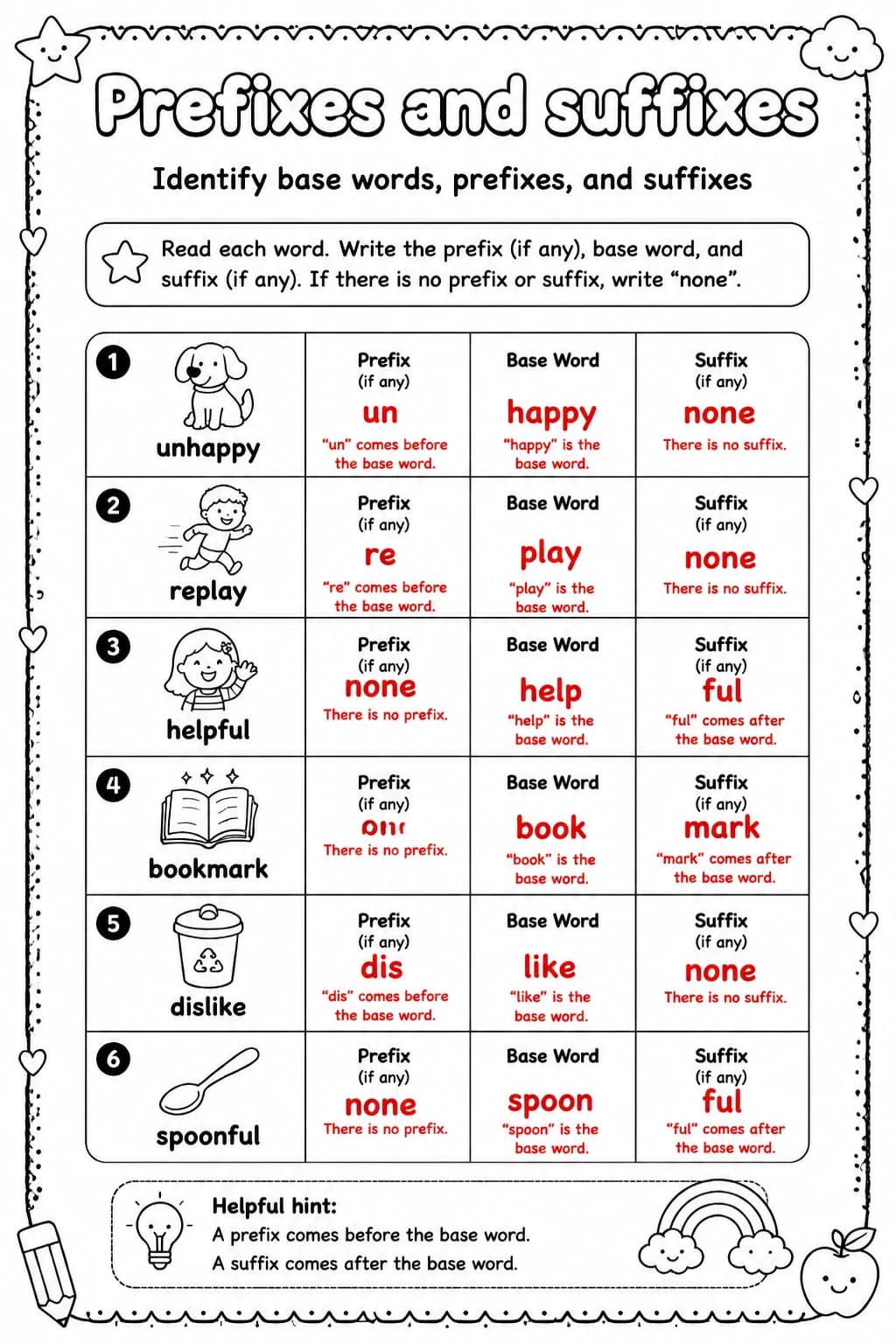 Answer key for Identify base words, prefixes, and suffixes — free printable English & Reading worksheet