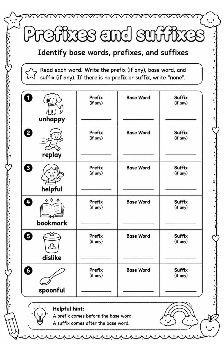 Identify base words, prefixes, and suffixes — free printable Vocabulary English worksheet