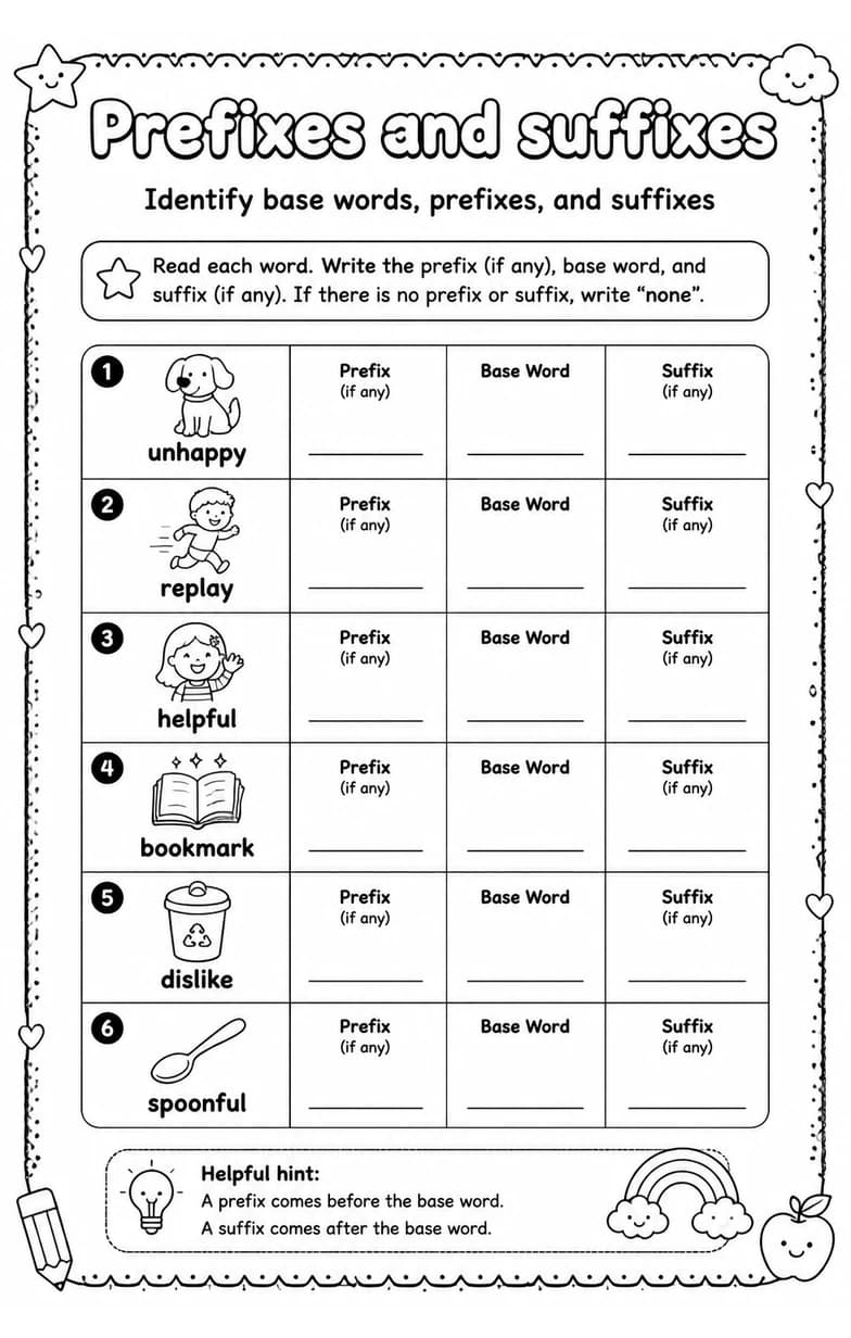 Identify base words, prefixes, and suffixes — free printable Grade 2 English & Reading worksheet