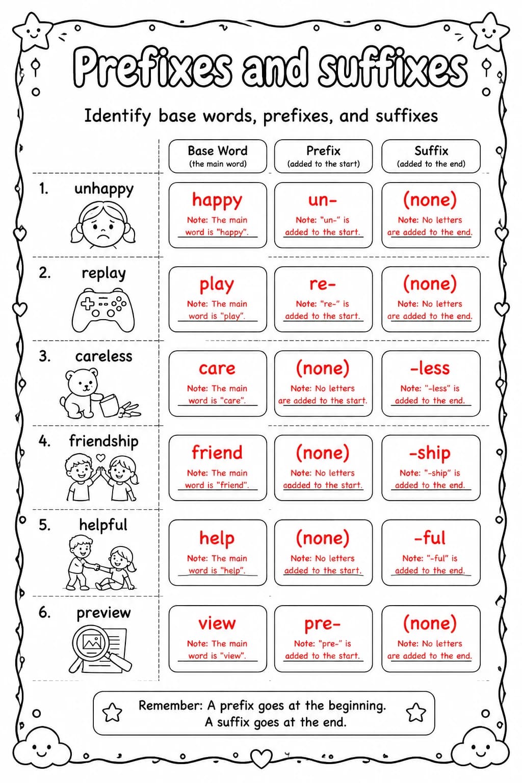 Answer key for Identify base words, prefixes, and suffixes — free printable English & Reading worksheet