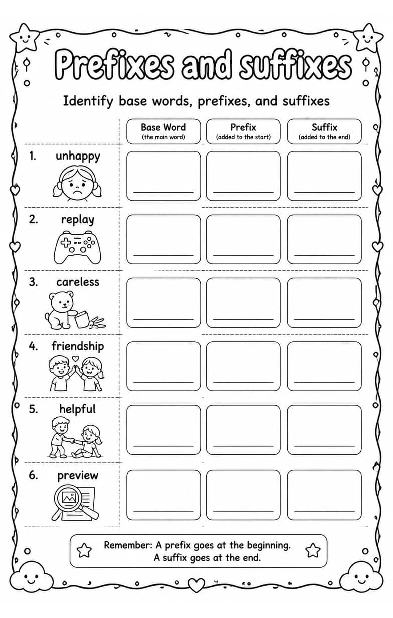 Identify base words, prefixes, and suffixes — free printable Vocabulary English worksheet