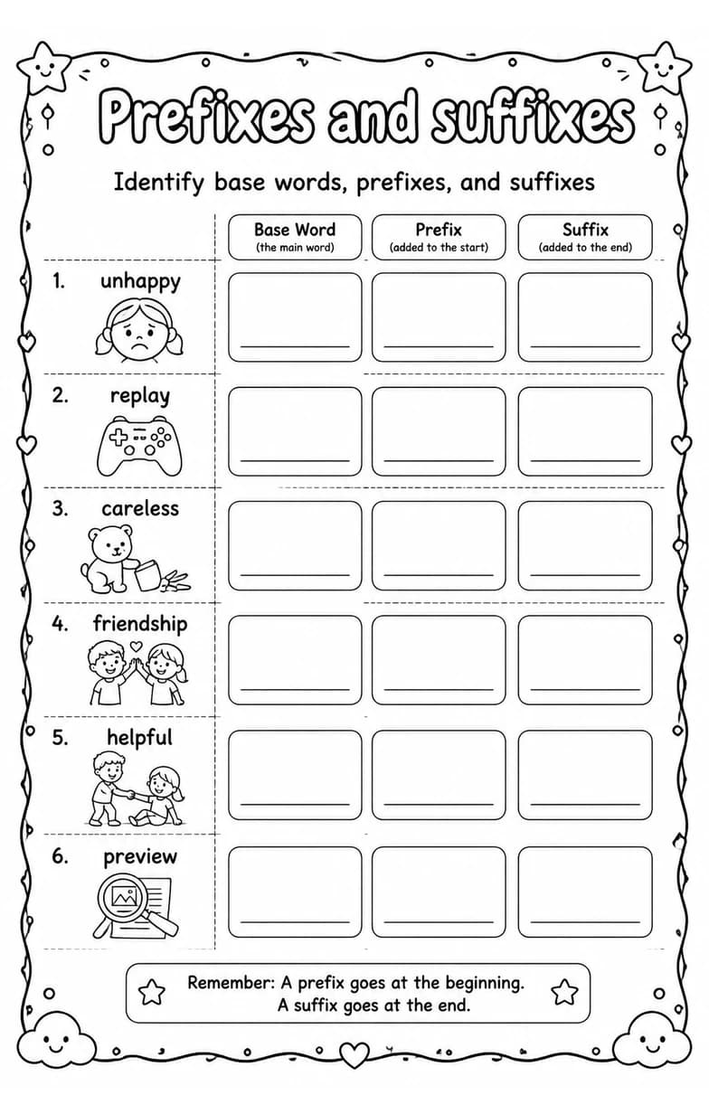 Identify base words, prefixes, and suffixes — free printable Grade 3 English & Reading worksheet