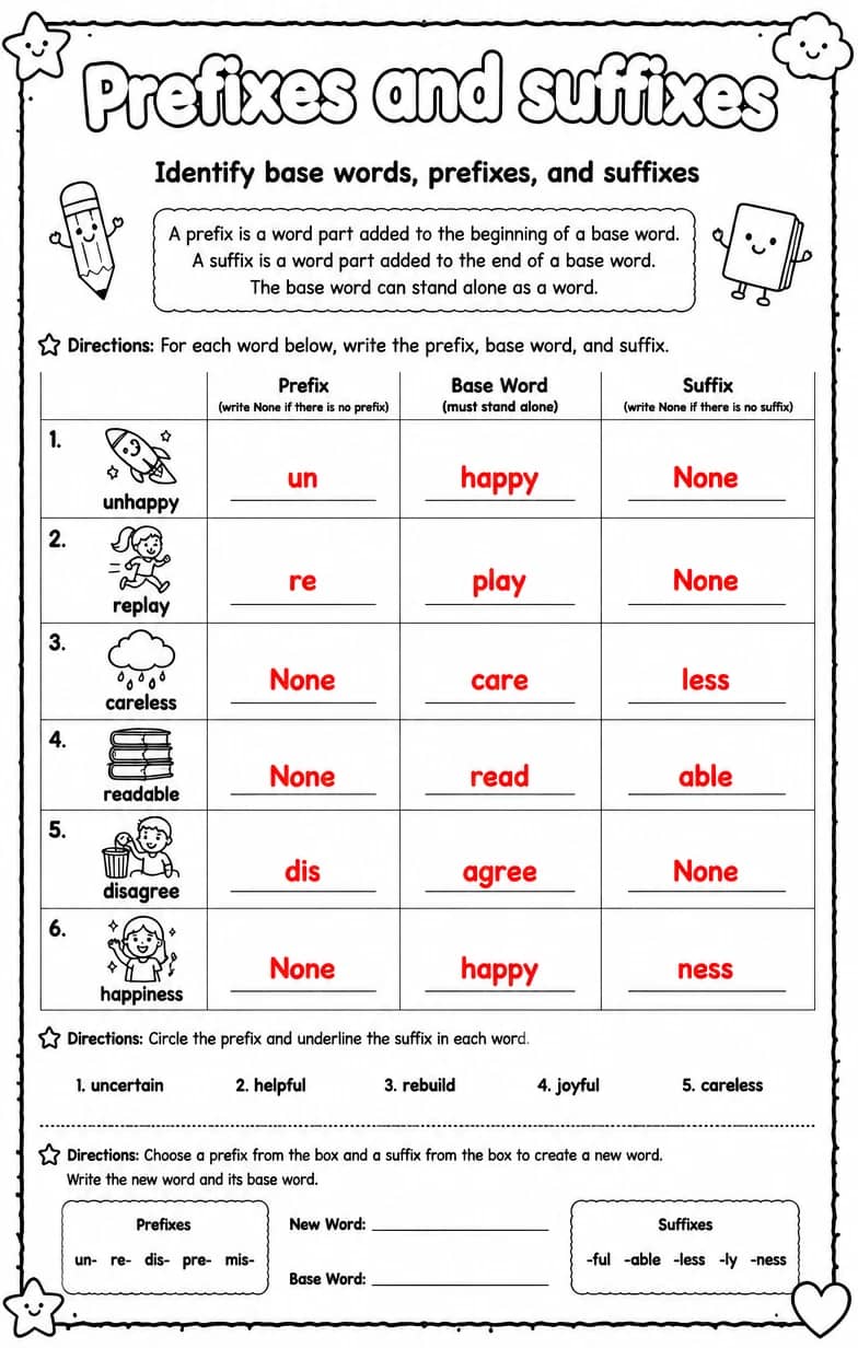 Answer key for Identify base words, prefixes, and suffixes — free printable English & Reading worksheet