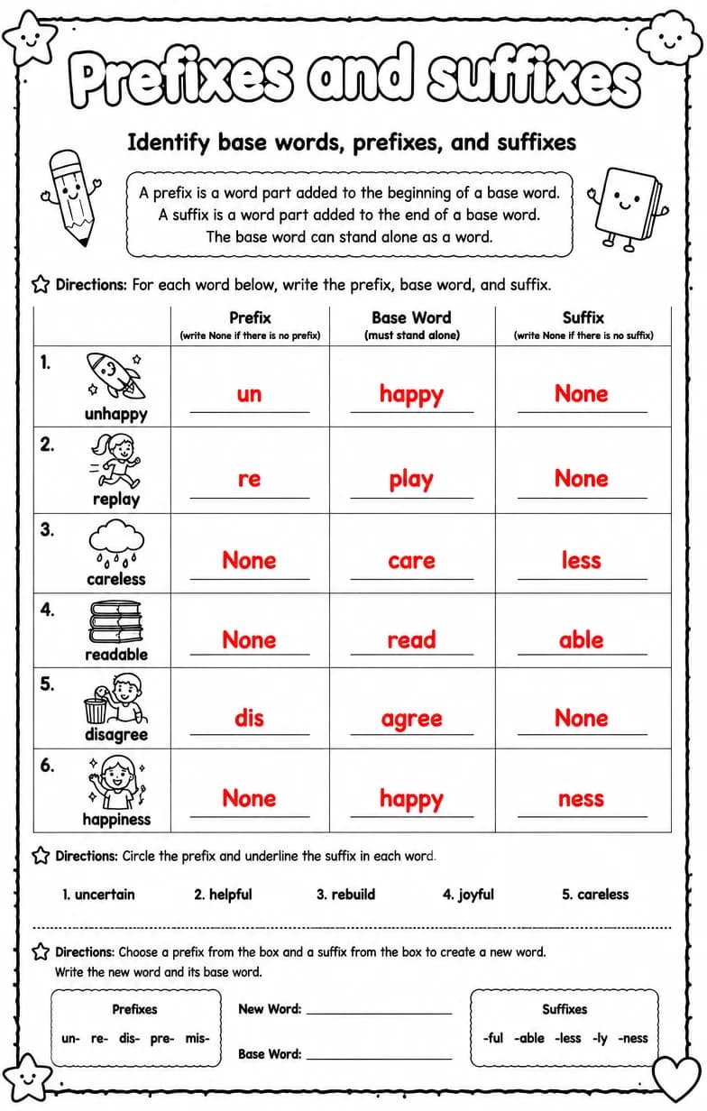 Answer key for Identify base words, prefixes, and suffixes — free printable English & Reading worksheet