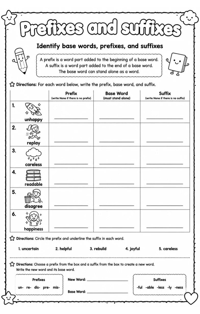 Identify base words, prefixes, and suffixes — free printable Vocabulary English worksheet