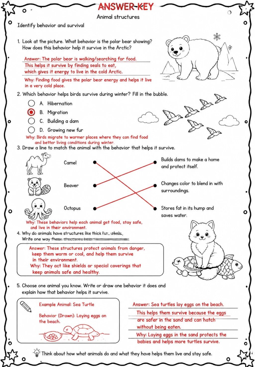 Answer key for Identify behavior and survival — free printable Science worksheet