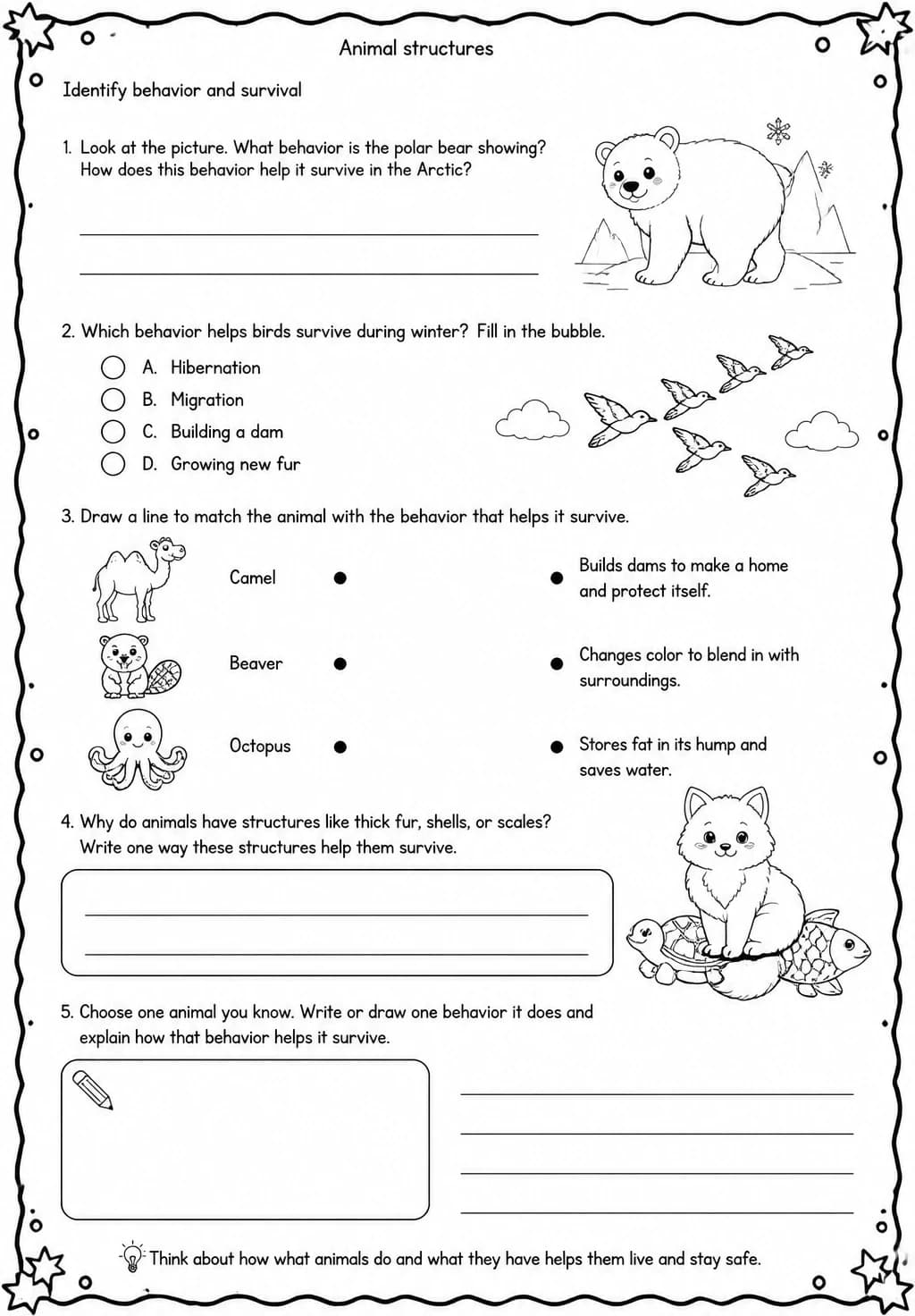 Identify behavior and survival — free printable Grade 4 Science worksheet