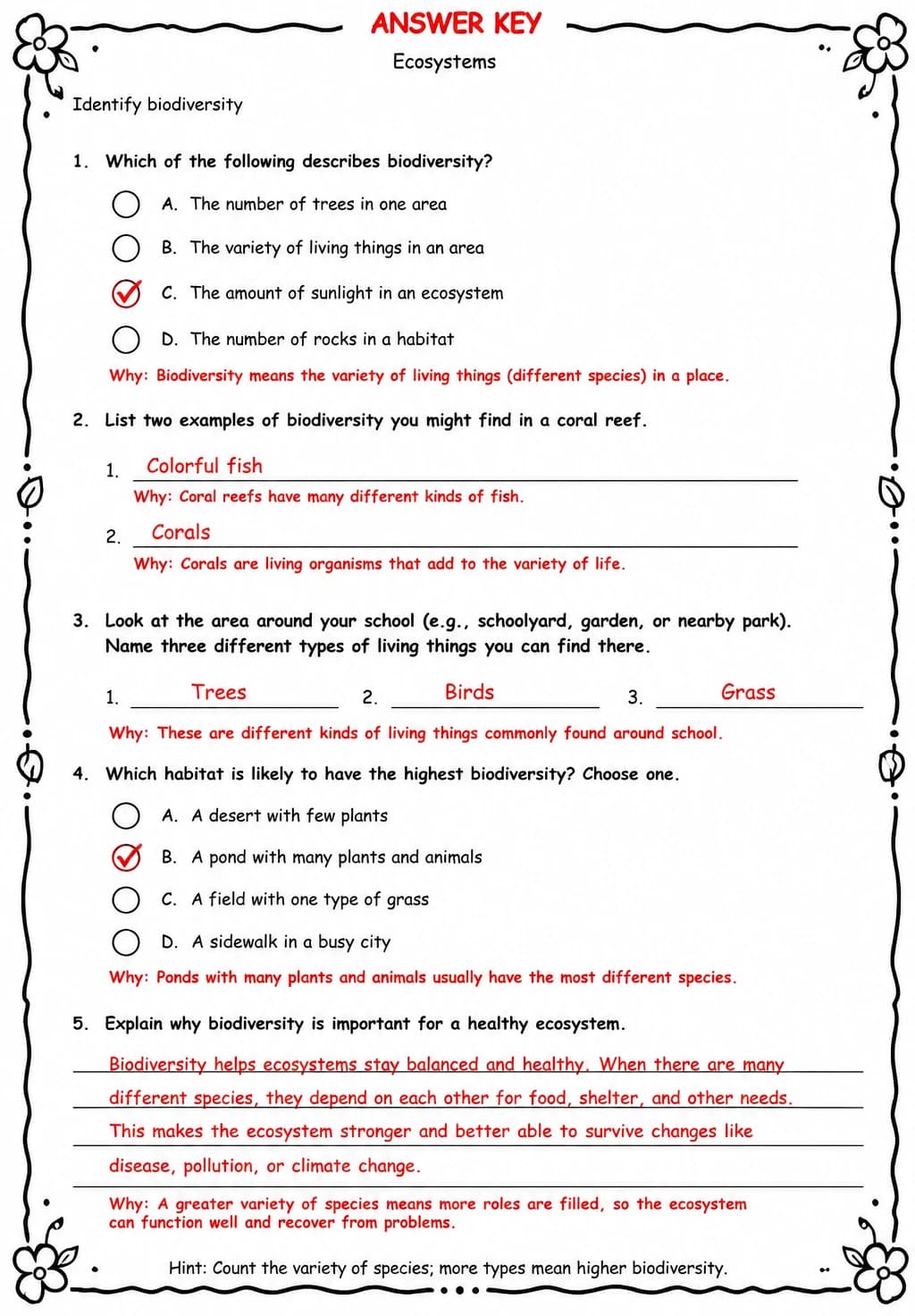 Answer key for Identify biodiversity — free printable Science worksheet