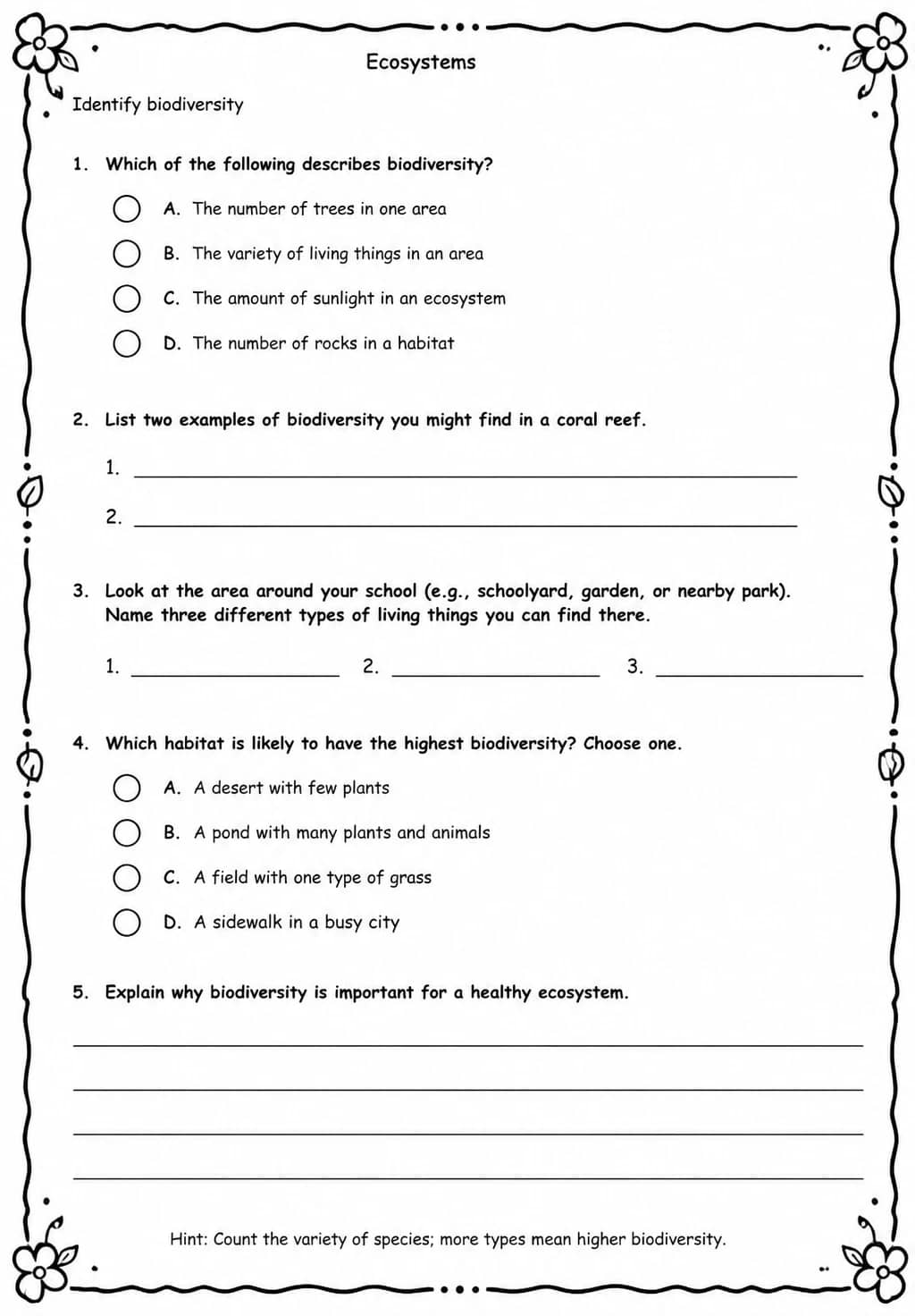 Identify biodiversity — free printable Middle School Science worksheet