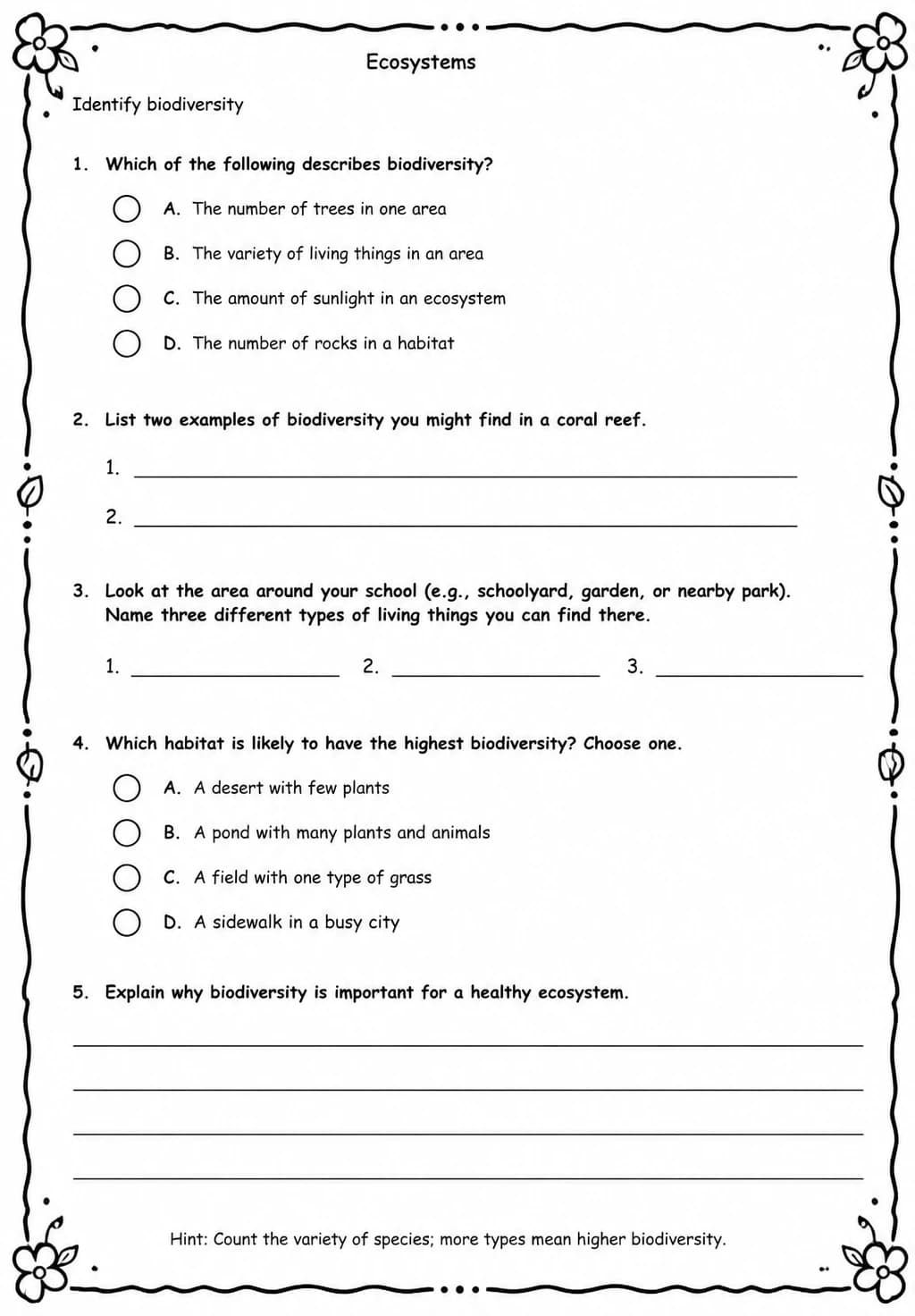 Identify biodiversity — free printable Middle School Science worksheet