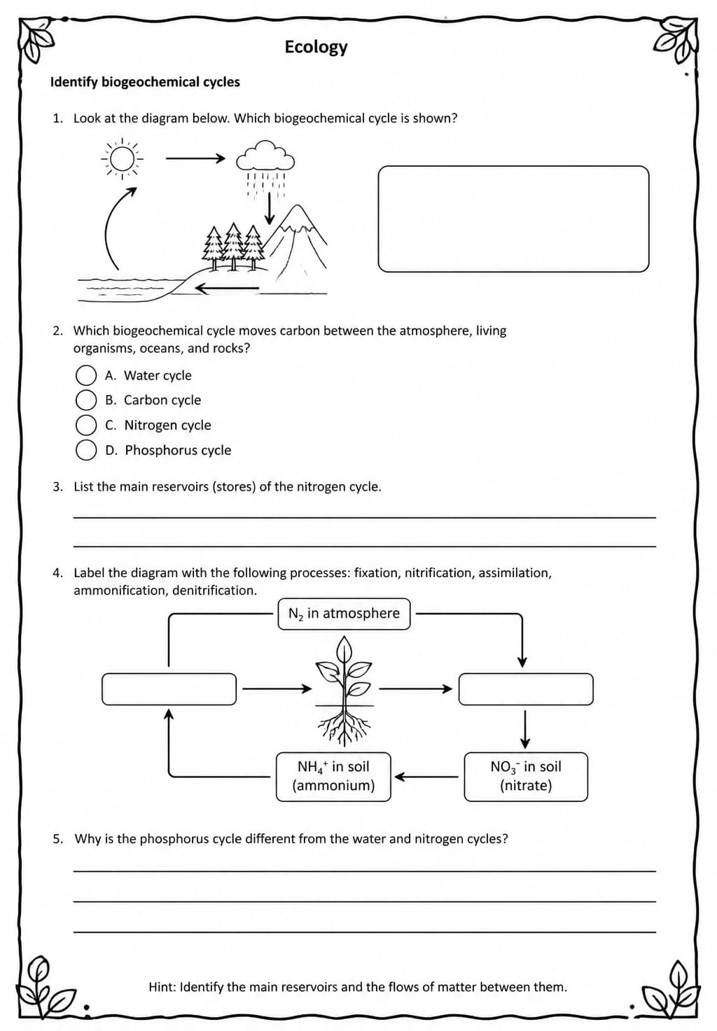 Identify biogeochemical cycles