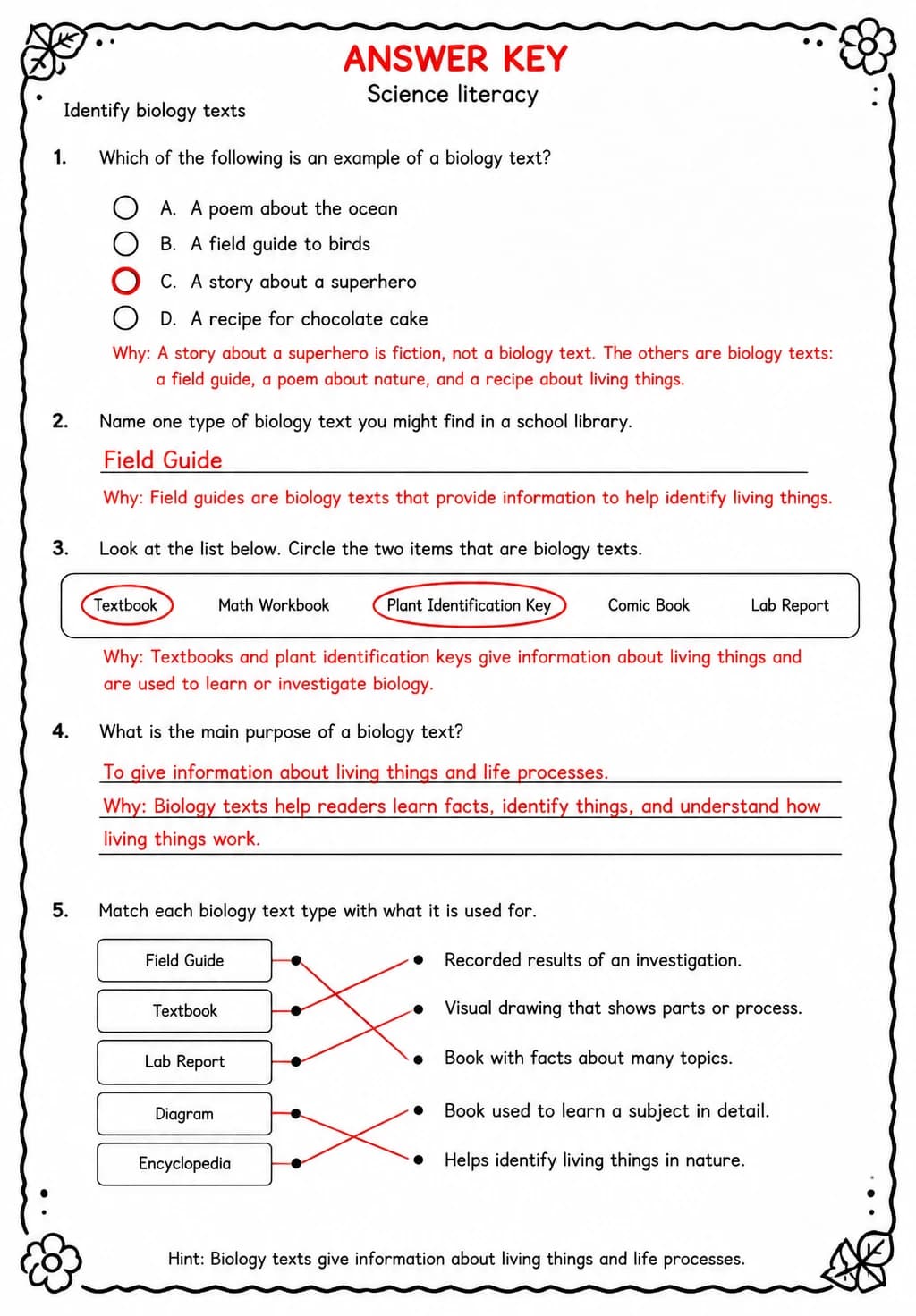 Answer key for Identify biology texts — free printable Science worksheet