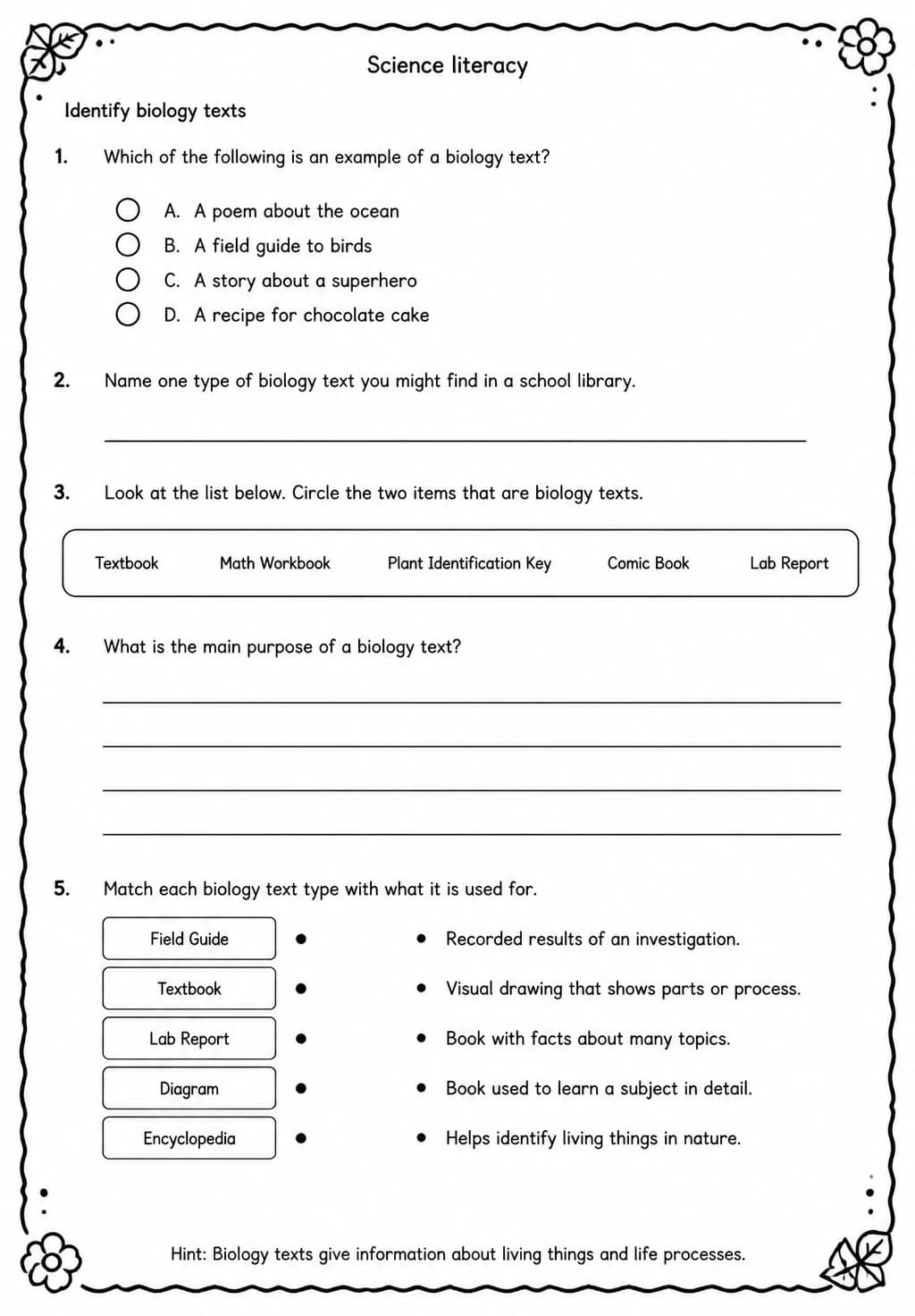 Identify biology texts — free printable High School Science worksheet