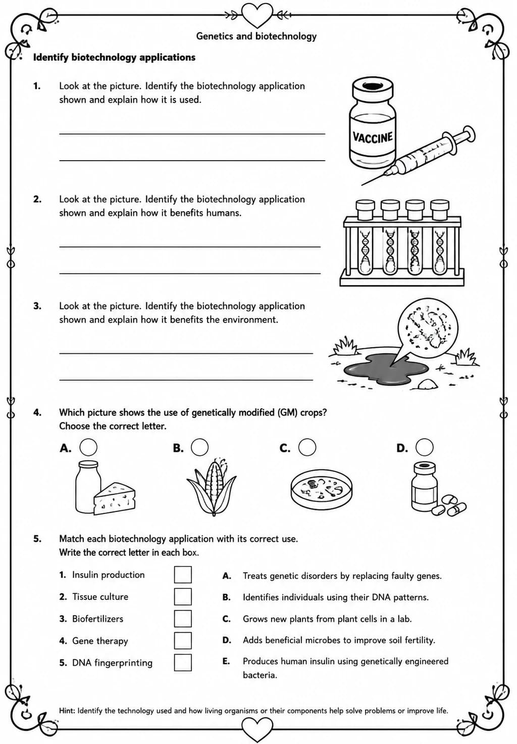 Identify biotechnology applications — free printable Middle School Science worksheet